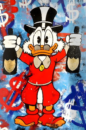 Joakim von Anka med två champagneflaskor mot graffitibakgrund