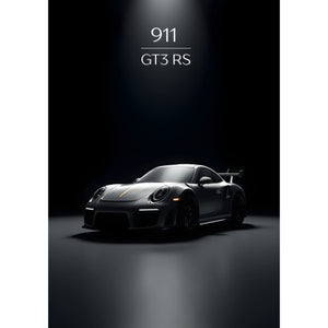 Mörkgrå Porsche 911 GT3 RS i strålkastarljus i en mörk studio