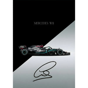 Mercedes W11 Formel 1-bil med nummer 44 i profil mot svart och grå bakgrund
