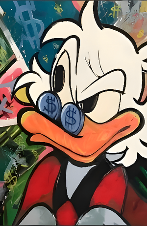 Närbild av Joakim von Anka med dollarmynt i glasögonen