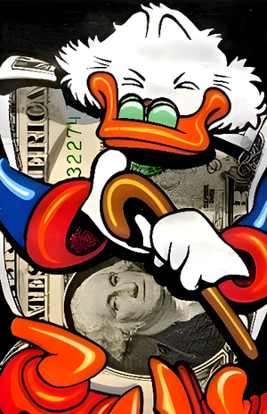 Joakim von Anka med käpp mot dollarsedlar