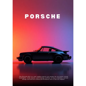 Mörk Porsche 911 i profil mot en bakgrund i orange, rosa och lila