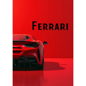Röd Ferrari bakifrån med runda baklyktor mot röd bakgrund