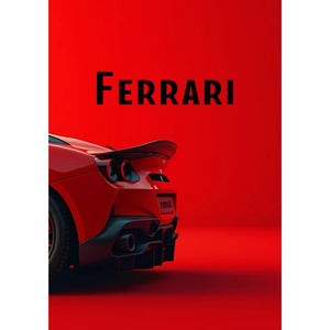 Detaljbild av en röd Ferraris bakparti med vinge mot röd bakgrund