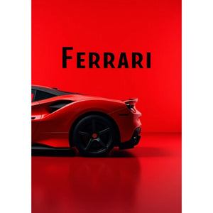 Röd Ferrari i profil med svarta fälgar mot röd bakgrund