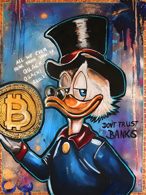 Joakim von Anka med ett bitcoinmynt och texten Don't trust banks