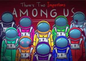 Among Us-figurer i rymddräkter under texten There's two impostors