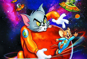 Tom och Jerry i rymddräkter bland planeter och flygande tefat