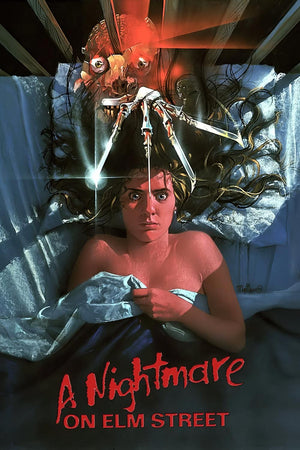 Filmaffisch för A Nightmare on Elm Street med Freddy Kruegers knivhand över en kvinna i sängen