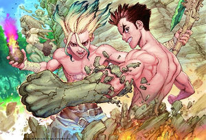 Senku och Taiju från Dr. Stone som bryter sig ut ur stenskal