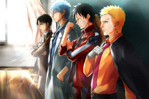 Animeillustration av Levi, Gintoki, Luffy och Naruto som står på rad i ett klassrum i motljus