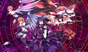 Animeflickor från Date A Live i stridsdräkter bland lila magiska cirklar