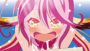 Närbild av Jibril från No Game No Life med rosa hår och stjärnor i ögonen
