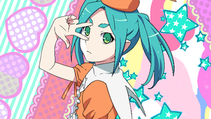 Animeflicka med turkost hår och orange hatt som gör V-tecken