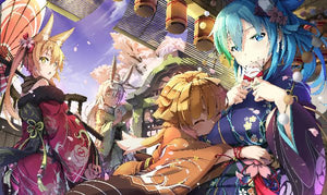 Animeflickor i färgglada kimonor under lyktor och körsbärsblom