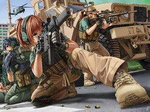Animesoldater med automatvapen bakom ett militärfordon och en helikopter i bakgrunden