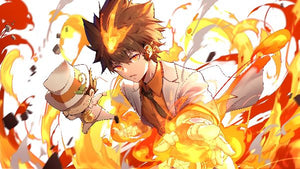 Tsuna från Katekyo Hitman Reborn! omgiven av orange eldflammor