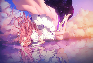 Animeflicka med långt rosa hår och vit klänning som svävar över spegelblankt vatten