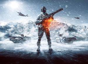 Soldat med vapen i ett snöigt slagfält med stridsvagnar och jaktplan