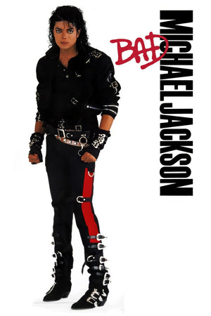Michael Jackson i svart läderjacka mot vit bakgrund med röd text Bad