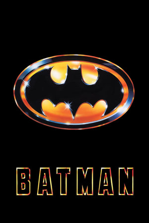 Batman-logga i guld och svart mot svart bakgrund med texten Batman