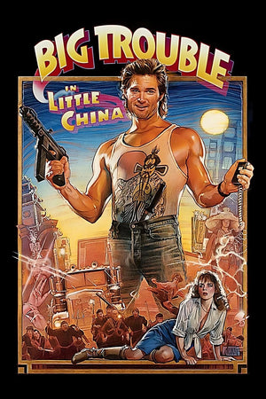 Målad filmaffisch för Big Trouble in Little China med en man med vapen