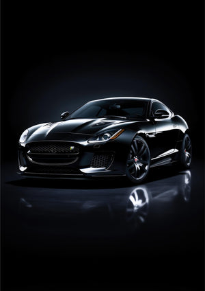 Svart Jaguar F-Type i mörker med spegling i golvet