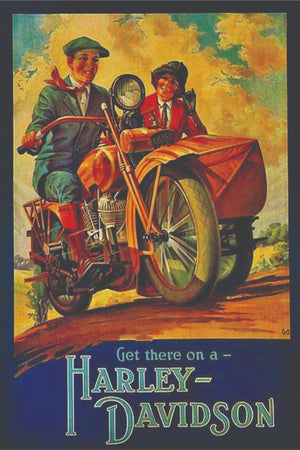 Vintagereklam för Harley-Davidson med två pojkar på en motorcykel med sidovagn