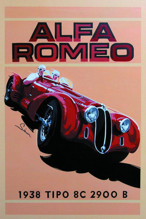 Illustration av en röd Alfa Romeo Tipo 8C 2900 B från 1938 i fart
