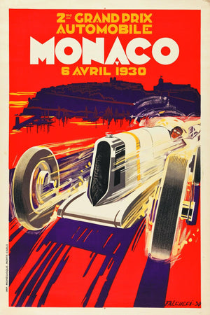 Art deco-affisch för Monaco Grand Prix 1930 med en vit racerbil i fart