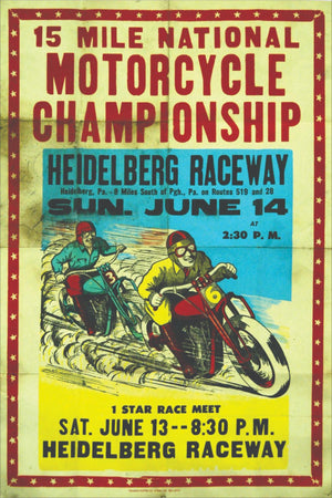 Vintageaffisch för motorcykeltävling på Heidelberg Raceway med två förare