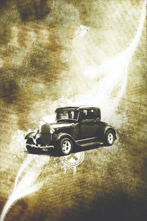 Svart hot rod från 30-talet mot sliten bakgrund i sepia och guld