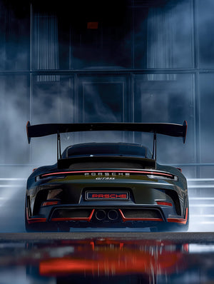 Mörk Porsche 911 GT3 RS bakifrån med stor bakvinge och röda ljus i dimma