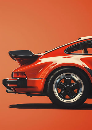 Illustration av bakpartiet på en orange klassisk Porsche 911 Turbo med bakvinge