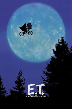 Filmaffisch för E.T. med en cykel i siluett mot en stor fullmåne