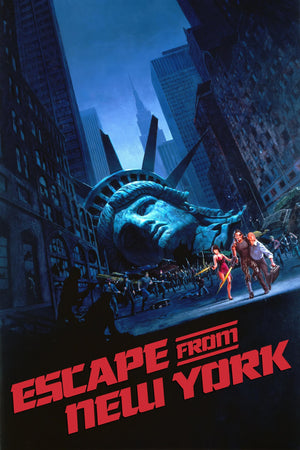 Filmaffisch för Escape from New York med Frihetsgudinnans huvud på en mörk gata