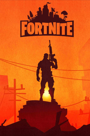 Fortnite-figur i siluett mot orange solnedgång under spelets logga