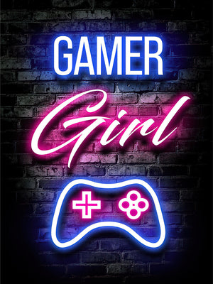 Neontext Gamer Girl och en spelkontroll mot mörk tegelvägg