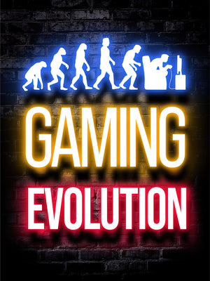 Neonbild av människans evolution till gamer med texten Gaming Evolution