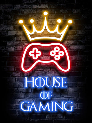Neonspelkontroll med krona och texten House of Gaming