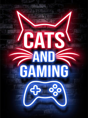 Neontext Cats and Gaming med kattöron och en spelkontroll
