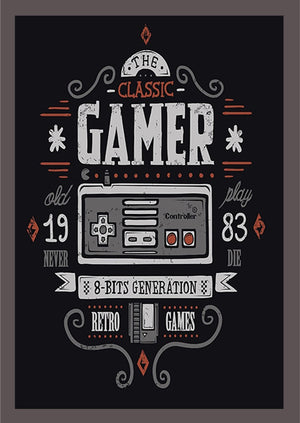 Retroaffisch med en NES-kontroll och texten The Classic Gamer 8-bits generation