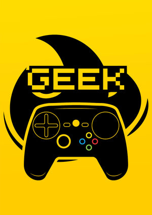 Svart spelkontroll med texten Geek mot gul bakgrund