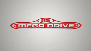 Röd Sega Mega Drive-logga mot ljusgrå bakgrund