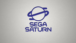 Mörkblå Sega Saturn-logga mot ljusgrå bakgrund