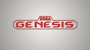 Röd Sega Genesis-logga mot ljusgrå bakgrund