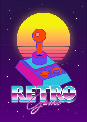 Retro joystick framför en synthwave-sol med texten Retro Game