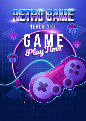 Lila spelkontroll i neon med texten Retro Game Never Die