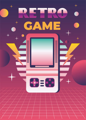 Rosa handhållet tv-spel framför en synthwave-sol med texten Retro Game
