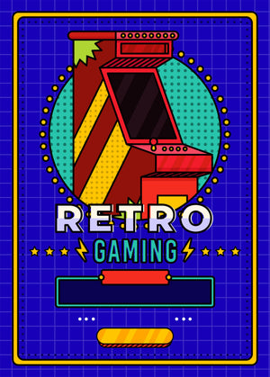 Klassisk arkadmaskin i rött och gult med texten Retro Gaming